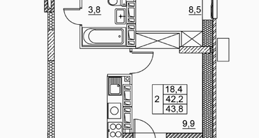 2-к. квартира, 43&nbsp;м²