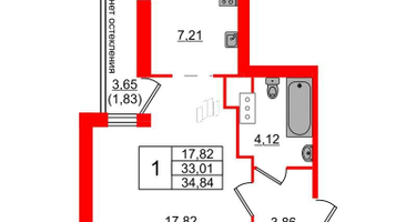 1-к. квартира, 34&nbsp;м²