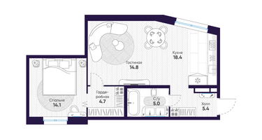1-к. квартира, 62&nbsp;м²