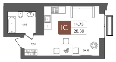 Студия, 28 м²