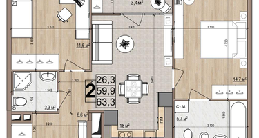 2-к. квартира, 63&nbsp;м²