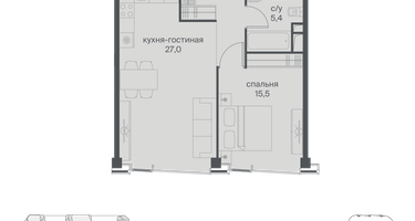 1-к. квартира, 55&nbsp;м²