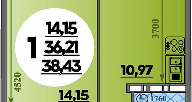 1-к. квартира, 38&nbsp;м²