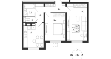 2-к. квартира, 58&nbsp;м²