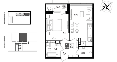 1-к. квартира, 45&nbsp;м²