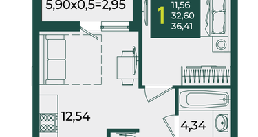 1-к. квартира, 36&nbsp;м²