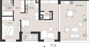 1-к. квартира, 65&nbsp;м²