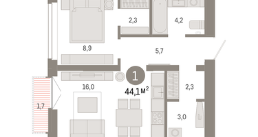 1-к. квартира, 43 м²
