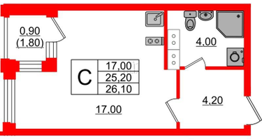 Студия, 26 м²