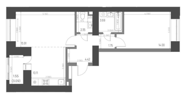 2-к. квартира, 53&nbsp;м²