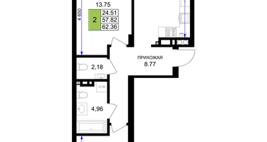 2-к. квартира, 62&nbsp;м²