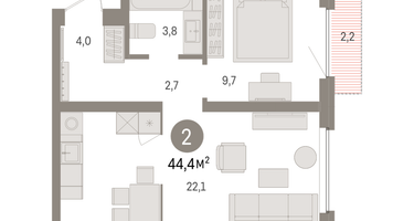 1-к. квартира, 44&nbsp;м²