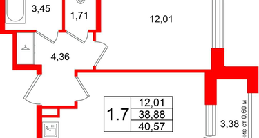 1-к. квартира, 38&nbsp;м²