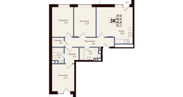3-к. квартира, 87 м²