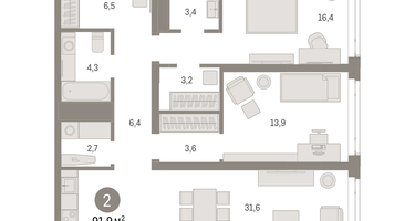 2-к. квартира, 91&nbsp;м²