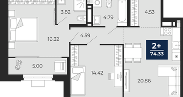 2-к. квартира, 74&nbsp;м²