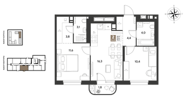 2-к. квартира, 55&nbsp;м²