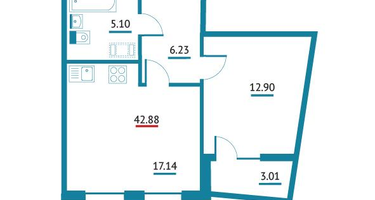 1-к. квартира, 42&nbsp;м²