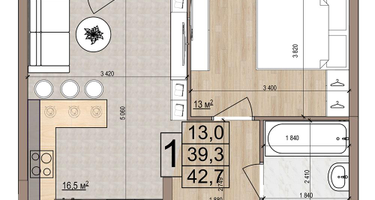 1-к. квартира, 42&nbsp;м²