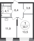 1-к. квартира, 39&nbsp;м²