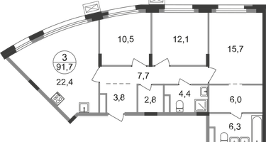 3-к. квартира, 91 м²