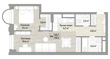 1-к. квартира, 49 м²