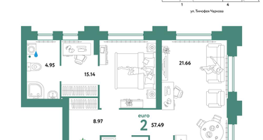 2-к. квартира, 57&nbsp;м²