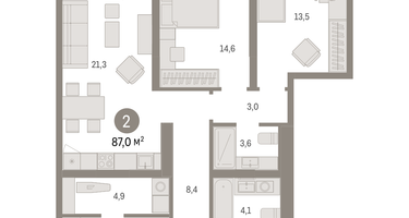 2-к. квартира, 87 м²