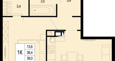 1-к. квартира, 38&nbsp;м²