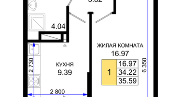 1-комнатная квартира, 35&nbsp;м²
