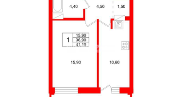 1-к. квартира, 41&nbsp;м²