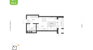 1-к. квартира, 32&nbsp;м²