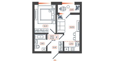 2-к. квартира, 38&nbsp;м²