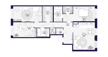 3-к. квартира, 121 м²