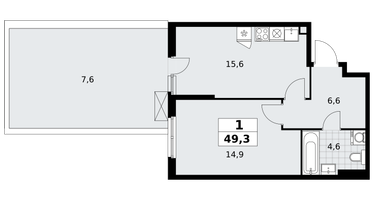 1-к. квартира, 49&nbsp;м²