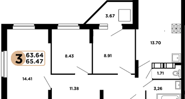3-к. квартира, 63&nbsp;м²