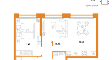 1-к. квартира, 46&nbsp;м²