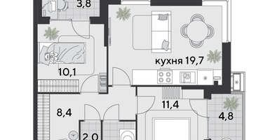 2-к. квартира, 62&nbsp;м²