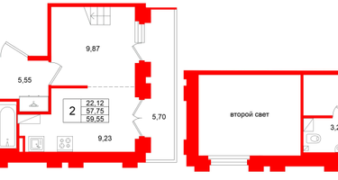 2-к. квартира, 57 м²
