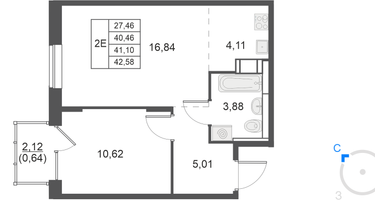 2-к. квартира, 41 м²