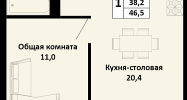 1-к. квартира, 46&nbsp;м²