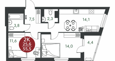 2-к. квартира, 55 м²