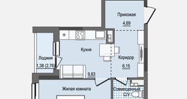 1-к. квартира, 40 м²