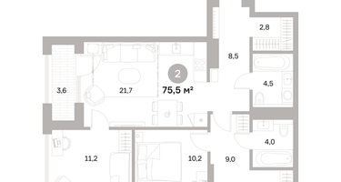 2-к. квартира, 75&nbsp;м²