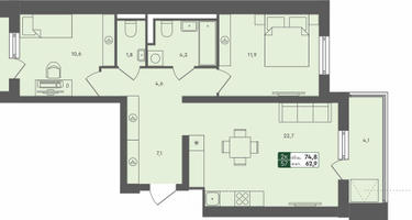 2-к. квартира, 74&nbsp;м²