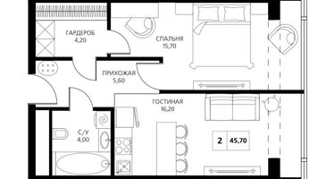 2-к. квартира, 45 м²