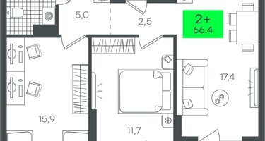 2-к. квартира, 66 м²