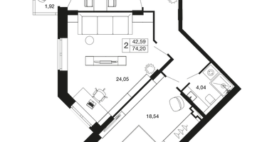 2-к. квартира, 74&nbsp;м²