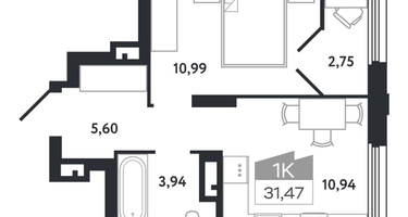 1-к. квартира, 31&nbsp;м²