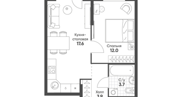 1-к. квартира, 38&nbsp;м²